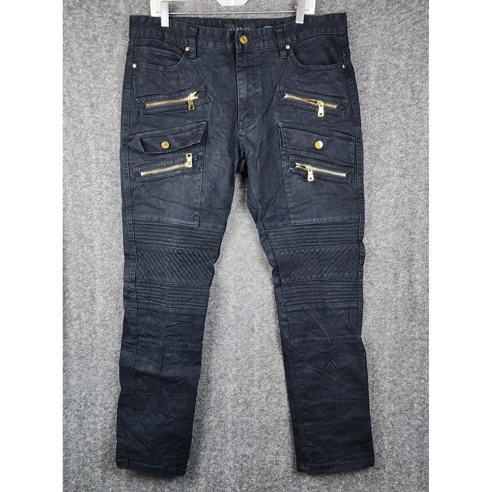 Decibel Moto Jeans Mens 38x32 Black Gold Zipper Cargo Ribbed Biker Denim